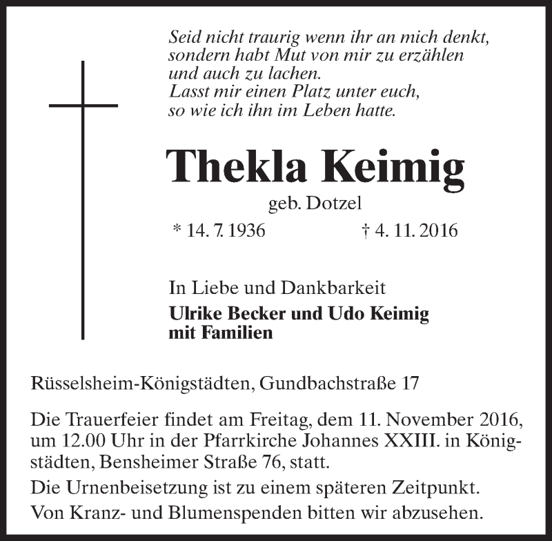  Traueranzeige für Thekla Keimig vom 08.11.2016 aus Trauerportal Echo Online