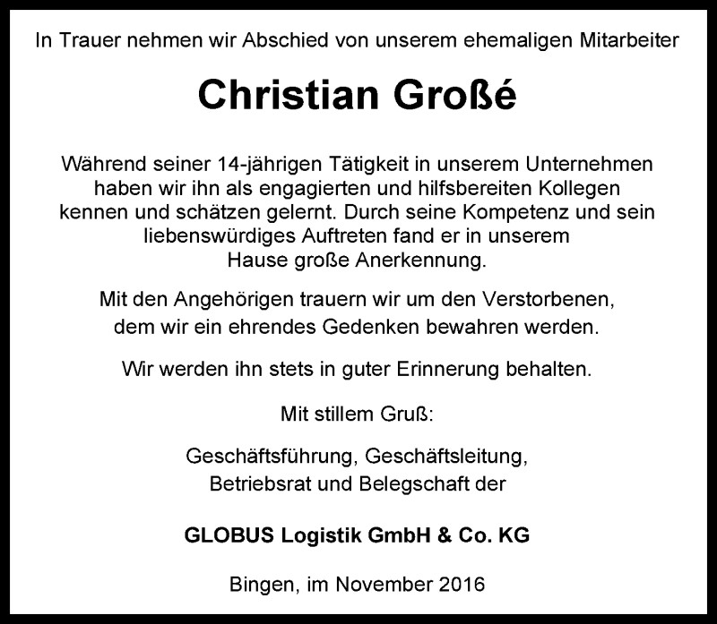  Traueranzeige für Christian Großé vom 19.11.2016 aus Trauerportal Rhein Main Presse