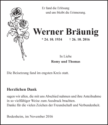 Traueranzeige von Werner Bräunig von Trauerportal Rhein Main Presse