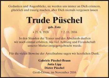 Traueranzeige von Trude Püschel von Trauerportal Echo Online