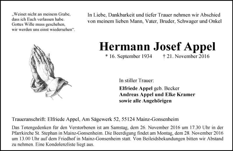  Traueranzeige für Hermann Josef Appel vom 26.11.2016 aus Trauerportal Rhein Main Presse
