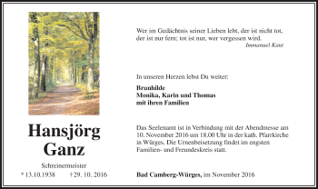 Traueranzeige von Hansjörg Ganz von  Camberger Anzeiger