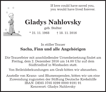 Traueranzeige von Gladys Nahlovsky von Trauerportal Rhein Main Presse