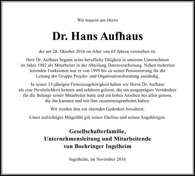  Traueranzeige für Hans Aufhaus vom 09.11.2016 aus Trauerportal Rhein Main Presse
