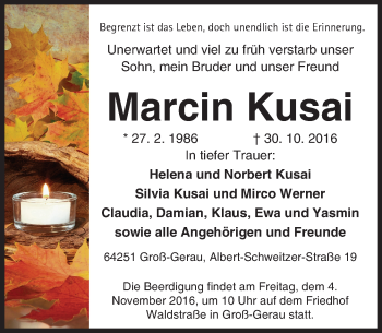 Traueranzeige von Marcin Kusai von Trauerportal Echo Online