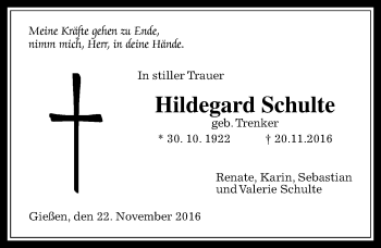 Traueranzeige von Hildegard Schulte von  Gießener Anzeiger
