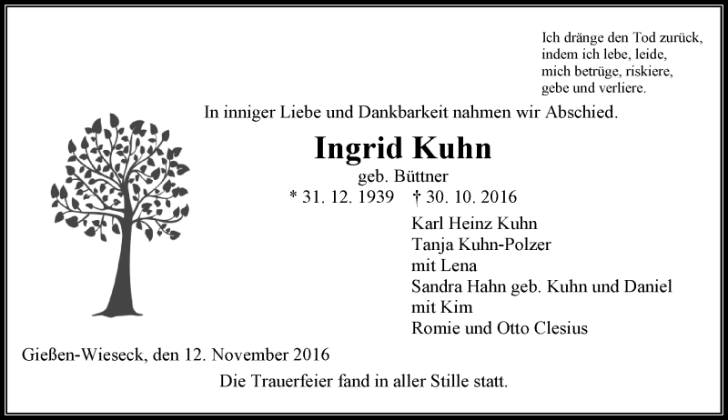  Traueranzeige für Ingrid Kuhn vom 12.11.2016 aus  Gießener Anzeiger