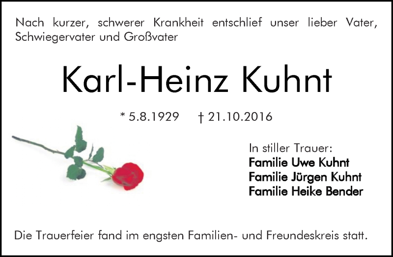  Traueranzeige für Karl-Heinz Kuhnt vom 09.11.2016 aus Trauerportal Echo Online