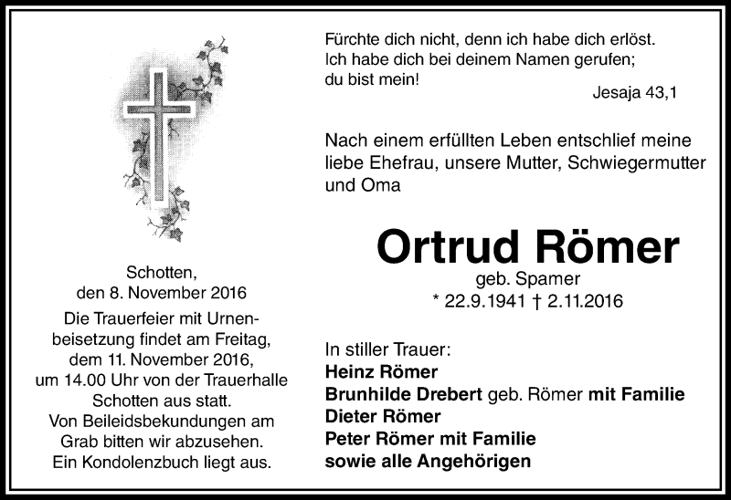  Traueranzeige für Ortrud Römer vom 08.11.2016 aus  Kreisanzeiger