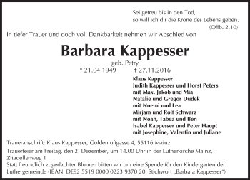 Traueranzeige von Barbara Kappesser von Trauerportal Rhein Main Presse