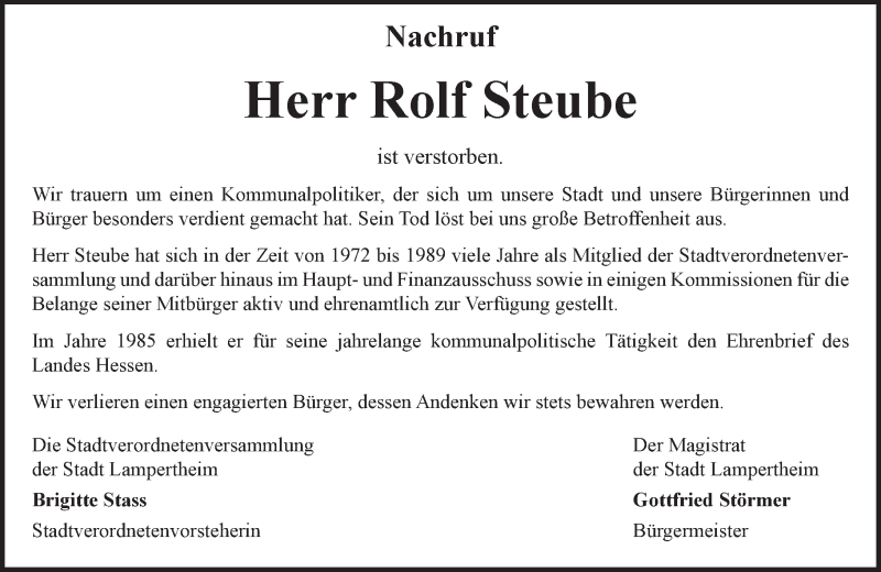  Traueranzeige für Rolf Steube vom 15.11.2016 aus Trauerportal Echo Online