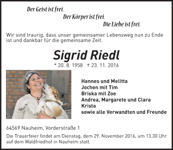 Traueranzeige von Sigrid Riedl von Trauerportal Rhein Main Presse