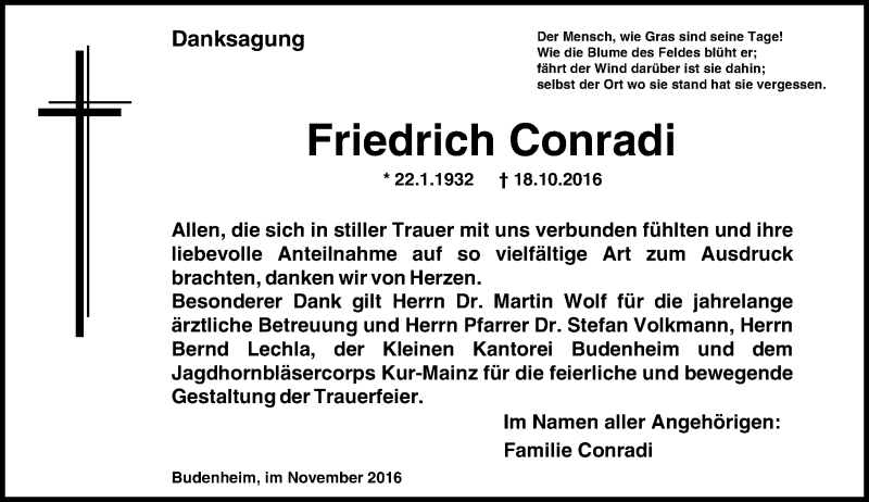  Traueranzeige für Friedrich Conradi vom 12.11.2016 aus Trauerportal Rhein Main Presse
