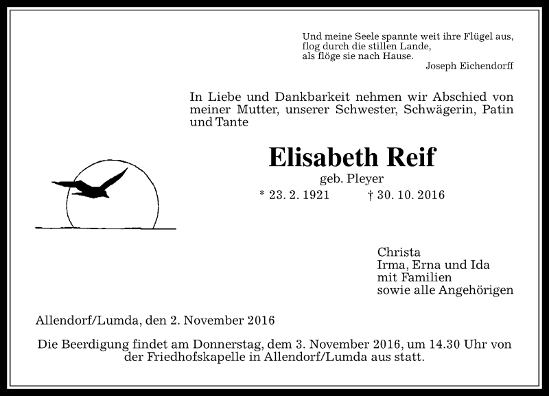  Traueranzeige für Elisabeth Reif vom 02.11.2016 aus  Gießener Anzeiger
