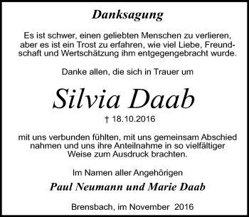 Traueranzeige von Silvia Daab von Trauerportal Echo Online