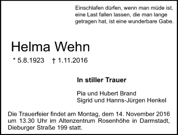 Traueranzeige von Helma Wehn von Trauerportal Echo Online