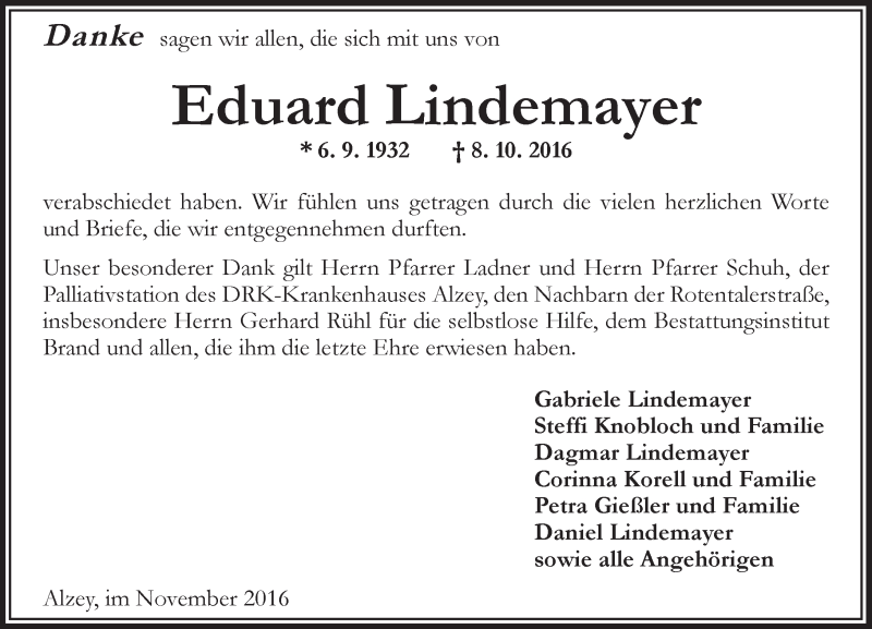  Traueranzeige für Eduard Lindemayer vom 05.11.2016 aus Trauerportal Rhein Main Presse