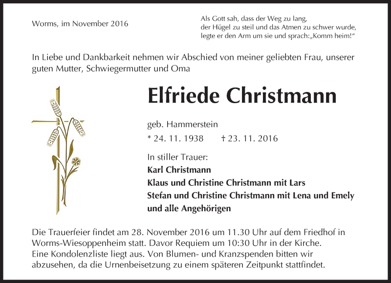  Traueranzeige für Elfriede Christmann vom 26.11.2016 aus Trauerportal Rhein Main Presse