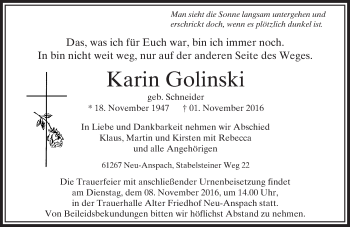 Traueranzeige von Karin Golinski von  Usinger Anzeiger