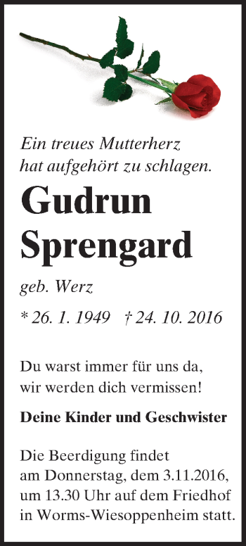 Traueranzeige von Gudrun Sprengard von Trauerportal Rhein Main Presse