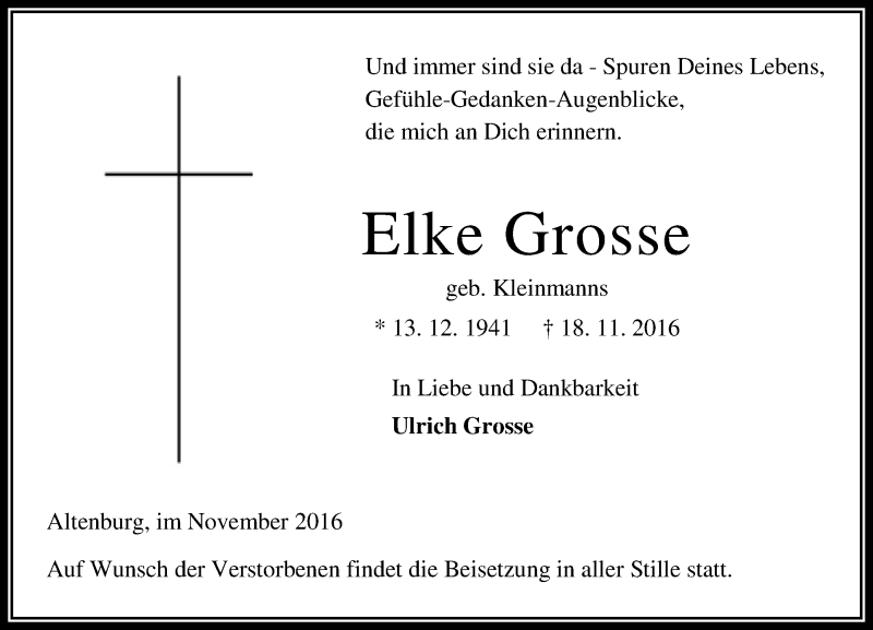  Traueranzeige für Elke Grosse vom 22.11.2016 aus VRM Trauer