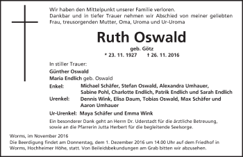Traueranzeige von Ruth Oswald von Trauerportal Rhein Main Presse