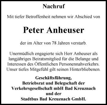 Traueranzeige von Peter Anheuser von Trauerportal Rhein Main Presse