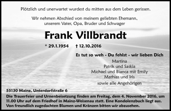 Traueranzeige von Frank Villbrandt von Trauerportal Rhein Main Presse