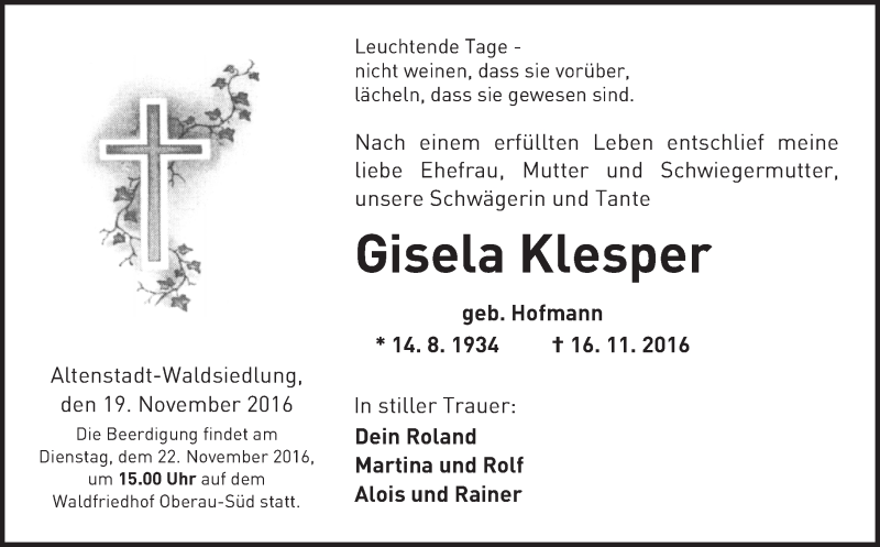  Traueranzeige für Gisela Klesper vom 19.11.2016 aus  Kreisanzeiger