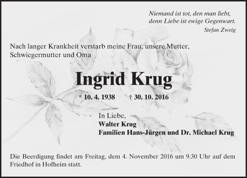  Traueranzeige für Ingrid Krug vom 02.11.2016 aus Trauerportal Rhein Main Presse