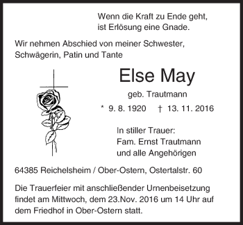 Traueranzeige von Else May von Trauerportal Echo Online