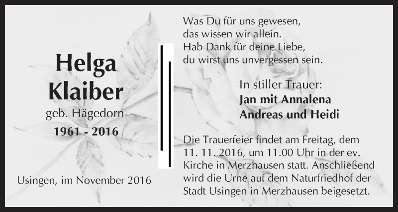  Traueranzeige für Helga Klaiber vom 05.11.2016 aus  Usinger Anzeiger