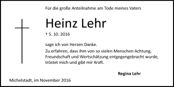 Traueranzeige von Heinz Lehr von Trauerportal Echo Online