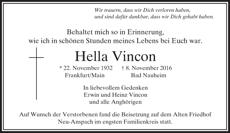  Traueranzeige für Hella Vincon vom 23.11.2016 aus  Usinger Anzeiger
