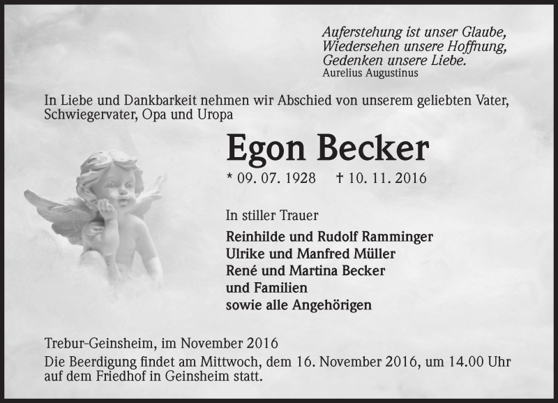  Traueranzeige für Egon Becker vom 15.11.2016 aus Trauerportal Echo Online