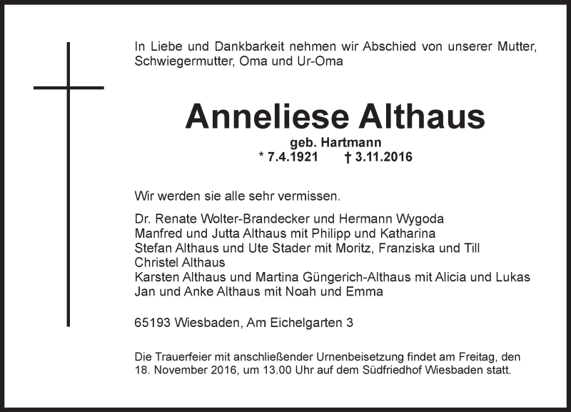  Traueranzeige für Anneliese Althaus vom 12.11.2016 aus Trauerportal Rhein Main Presse