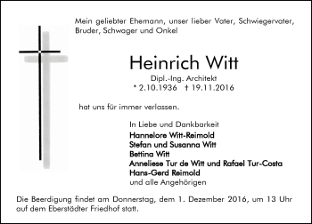 Traueranzeige von Heinrich Witt von Trauerportal Echo Online