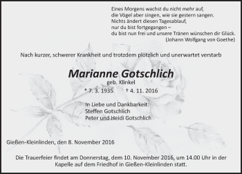 Traueranzeige von Marianne Gotschlich von  Gießener Anzeiger