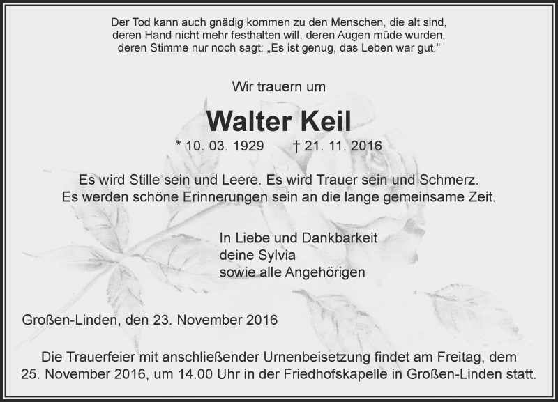  Traueranzeige für Walter Keil vom 23.11.2016 aus  Gießener Anzeiger