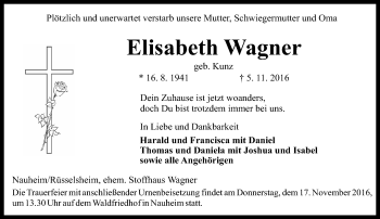 Traueranzeige von Elisabeth Wagner von Trauerportal Rhein Main Presse