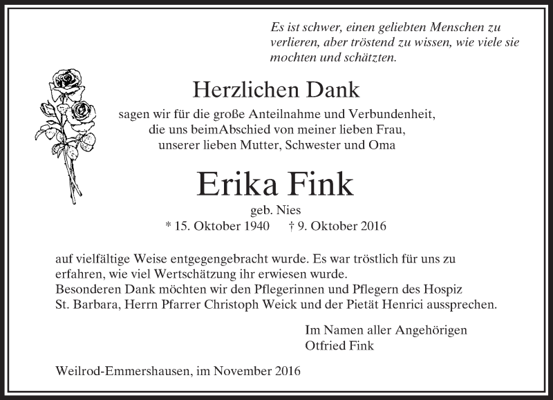  Traueranzeige für Erika Fink vom 04.11.2016 aus  Usinger Anzeiger