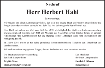 Traueranzeige von Herbert Hahl von Trauerportal Echo Online