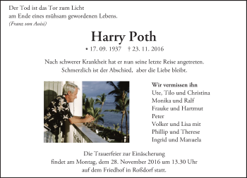 Traueranzeige von Harry Poth von Trauerportal Echo Online