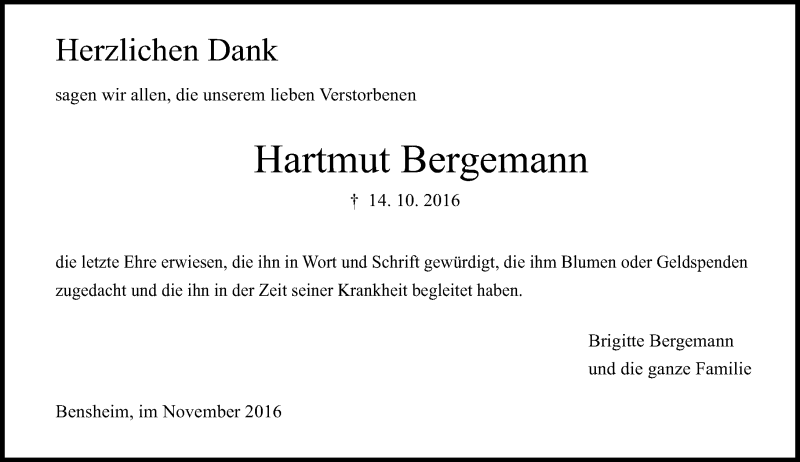  Traueranzeige für Hartmut Bergemann vom 05.11.2016 aus Trauerportal Echo Online