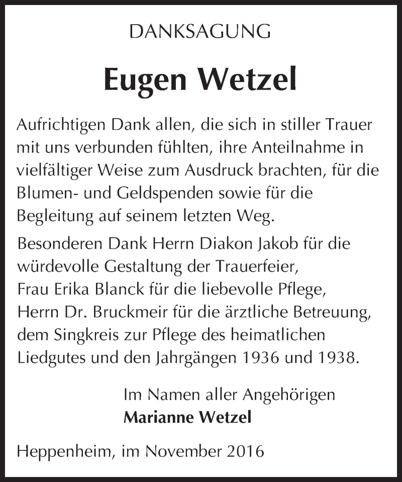  Traueranzeige für Eugen Wetzel vom 03.11.2016 aus Trauerportal Echo Online