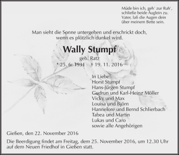 Traueranzeige von Wally Stumpf von  Gießener Anzeiger