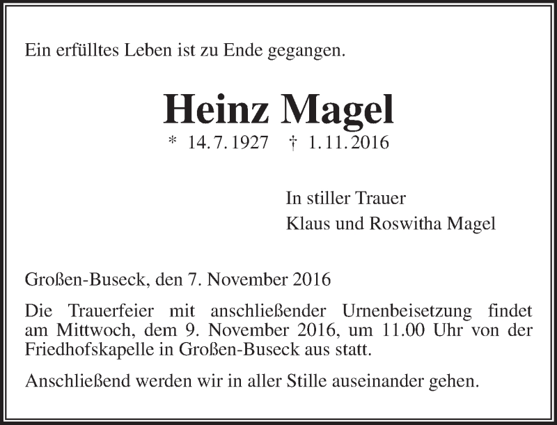  Traueranzeige für Heinz Magel vom 07.11.2016 aus  Gießener Anzeiger