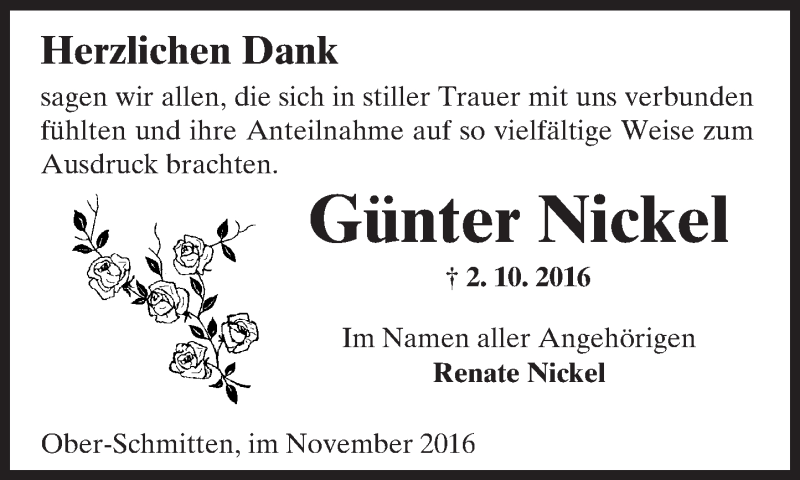  Traueranzeige für Günter Nickel vom 05.11.2016 aus  Kreisanzeiger