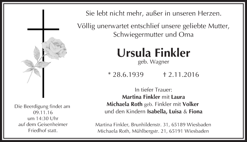 Traueranzeige für Ursula Finkler vom 05.11.2016 aus Trauerportal Rhein Main Presse