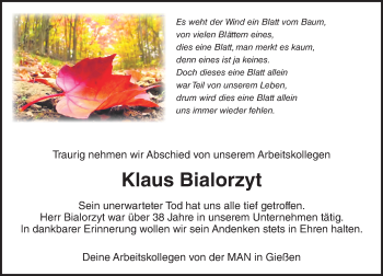 Traueranzeige von Klaus Bialorzyt von  Gießener Anzeiger